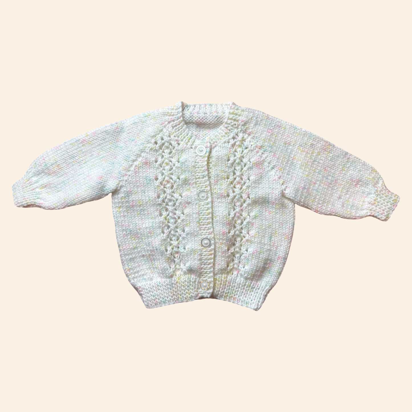 white rainbow fleck 6-12 month hand knit cardigan
