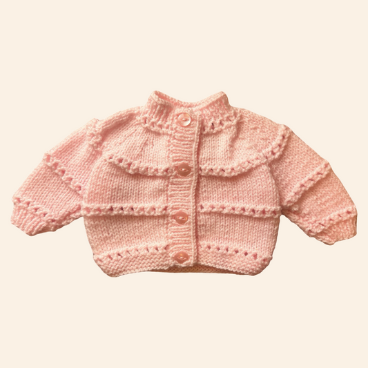 soft pink 0-3 month hand-knit cardigan