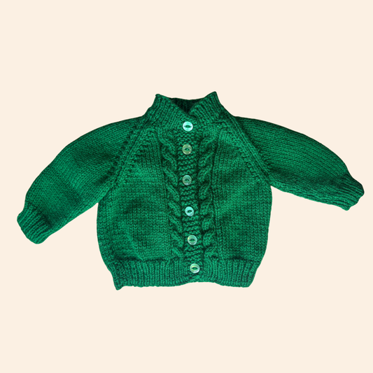 forest green 3-6 month hand knit cardigan