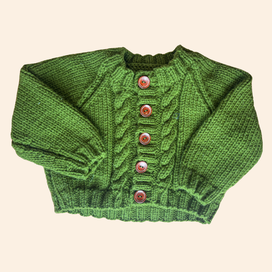 forest green 6-12 month hand knit cardigan