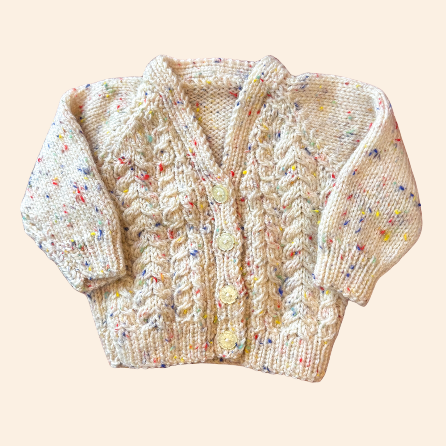 cream fleck 0-3 month hand knit cardigan