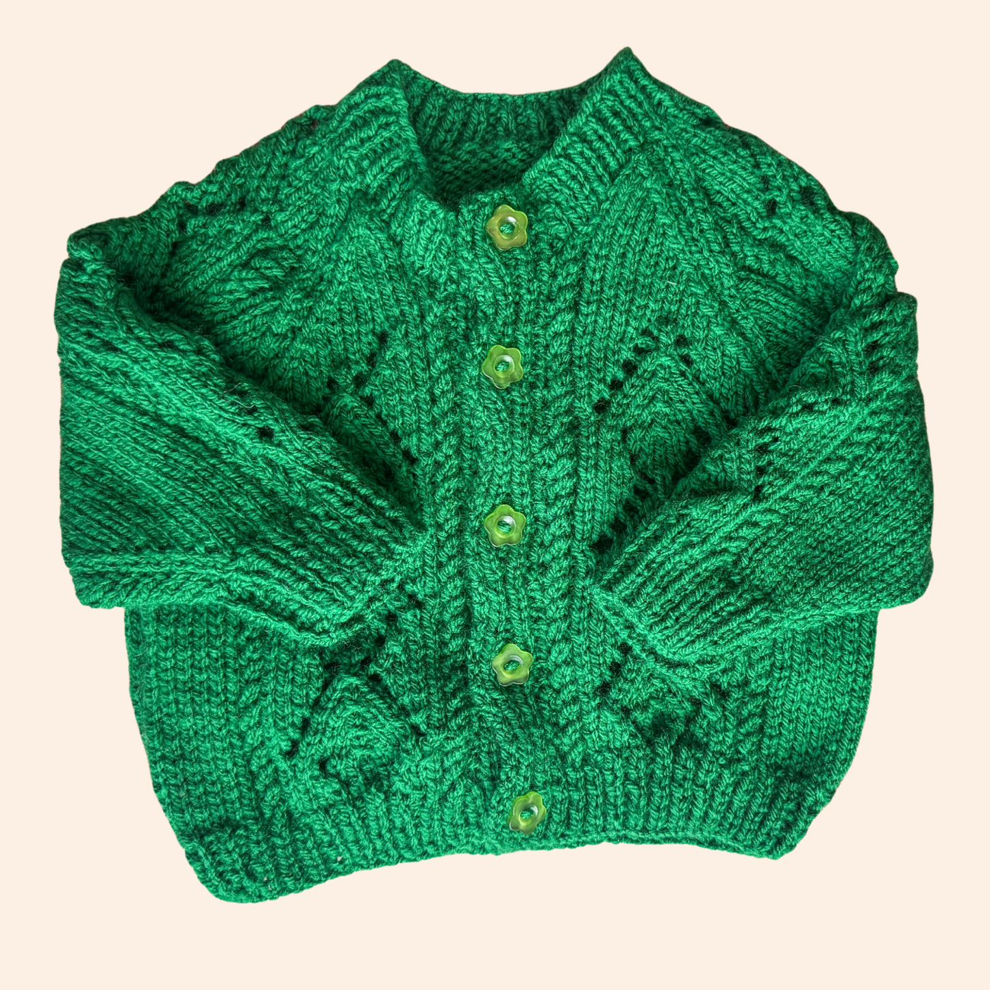 green 3-6 month hand knit cardigan