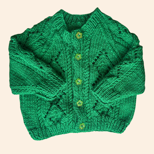 green 3-6 month hand knit cardigan