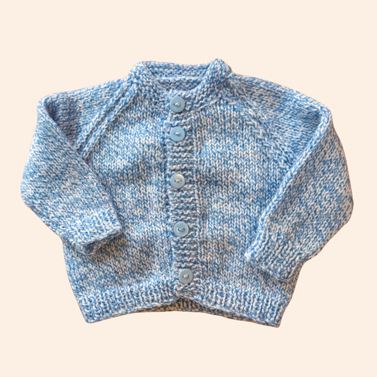 Blue and white fleck 3-6 month hand knit cardigan
