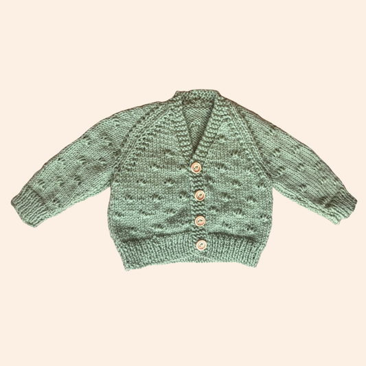 sage green 0-3 month hand knit cardigan