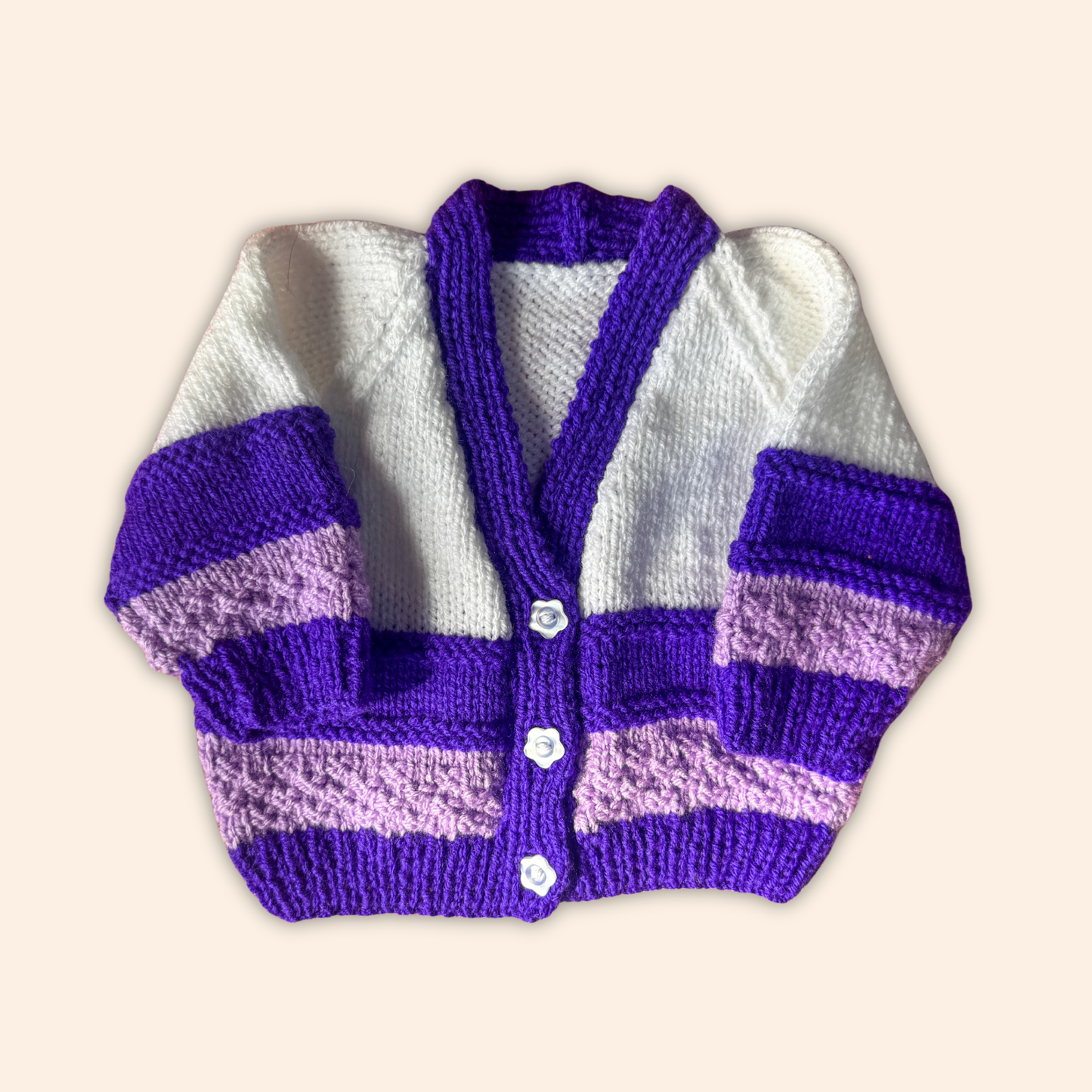 white purple stripe 3-6 months hand knit cardigan