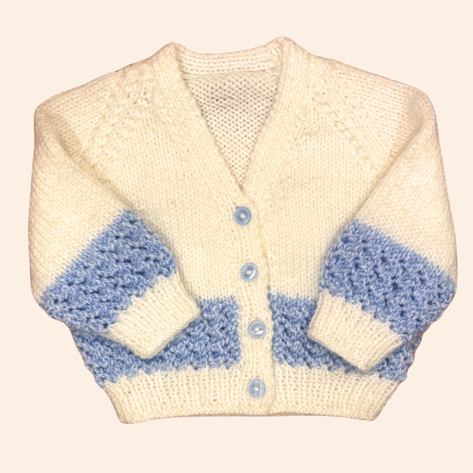 white blue stripe 3-6 month hand knit cardigan