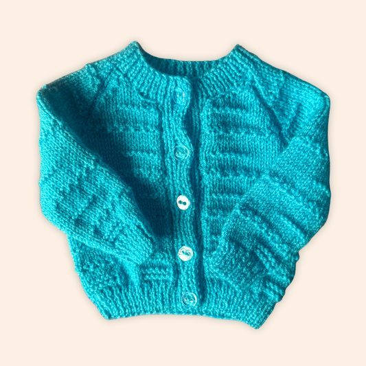 turquoise blue 3-6 months hand knit cardigan