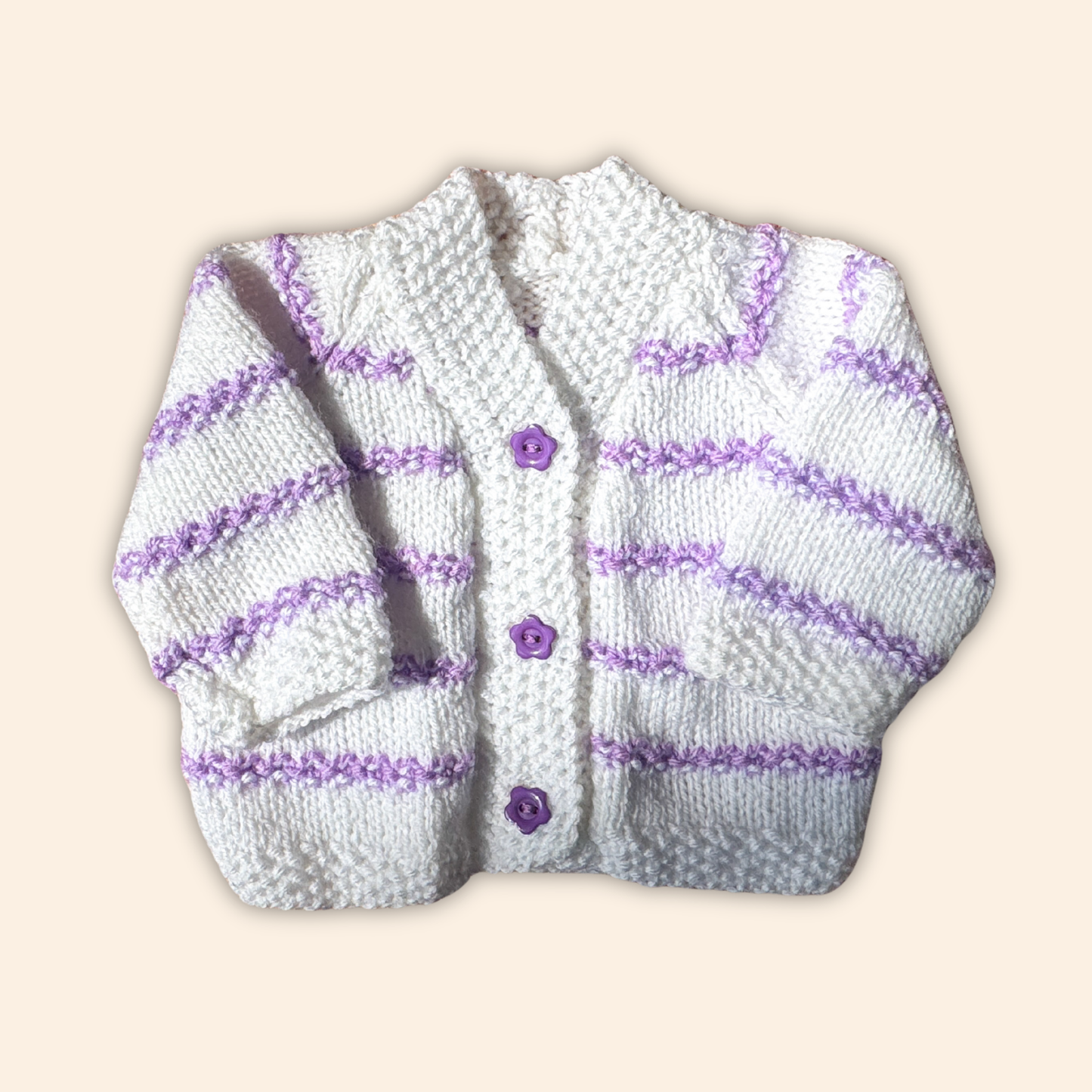white purple stripe 0-3 months hand knit cardigan