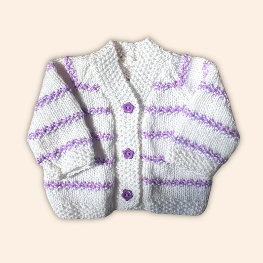 white purple stripe 0-3 months hand knit cardigan