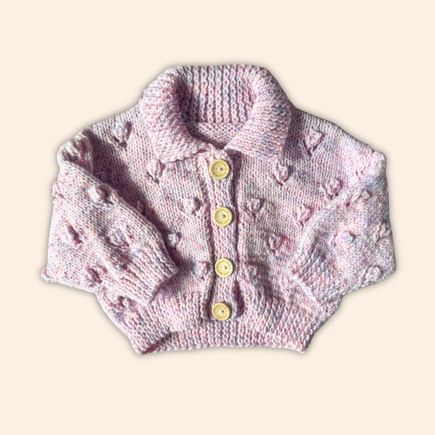 pink fleck 6-12 months hand knit cardigan
