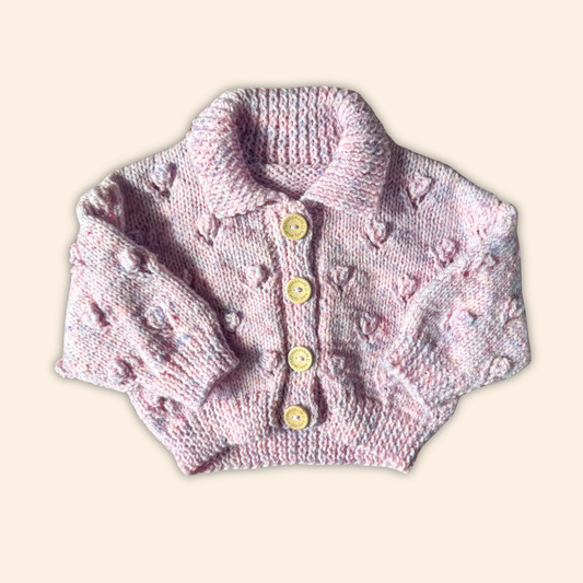 pink fleck 6-12 months hand knit cardigan
