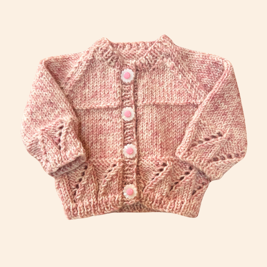pink fleck newborn hand knit cardigan