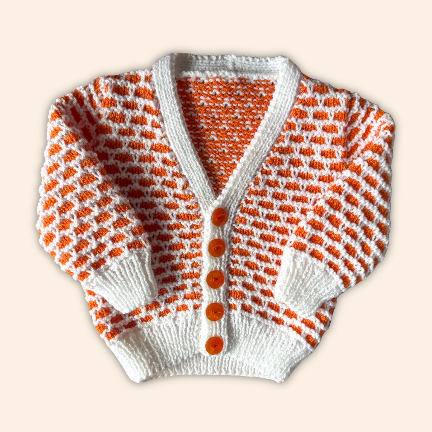 white and orange 6-12 months hand knit cardigan