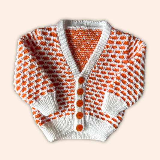 white and orange 6-12 months hand knit cardigan
