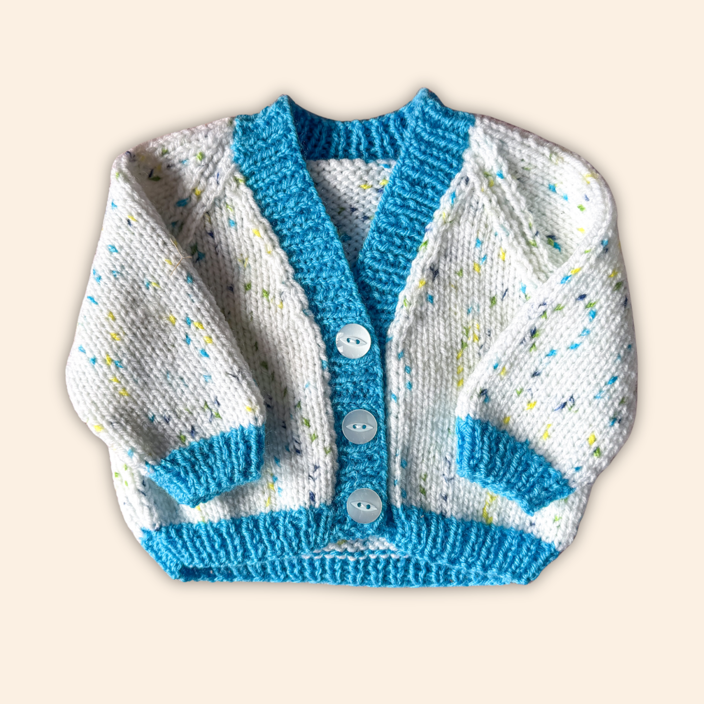 white blue fleck 0-3 months hand knit cardigan