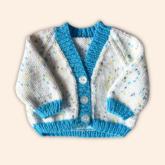 white blue fleck 0-3 months hand knit cardigan