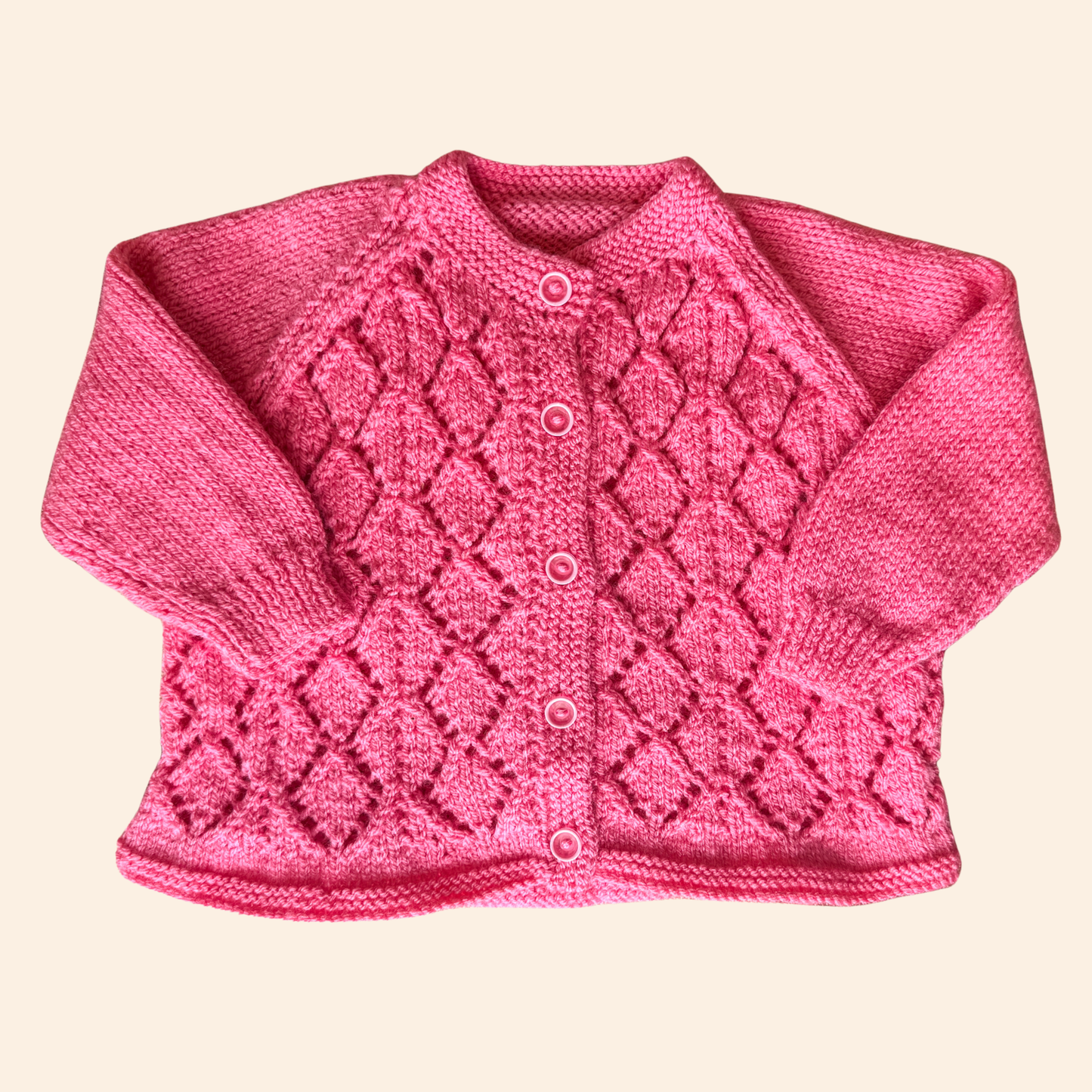 bright rose pink 6-12 month hand knit cardigan