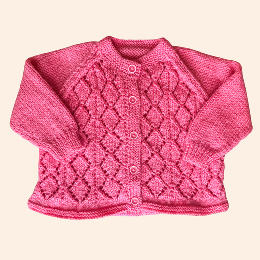bright rose pink 6-12 month hand knit cardigan