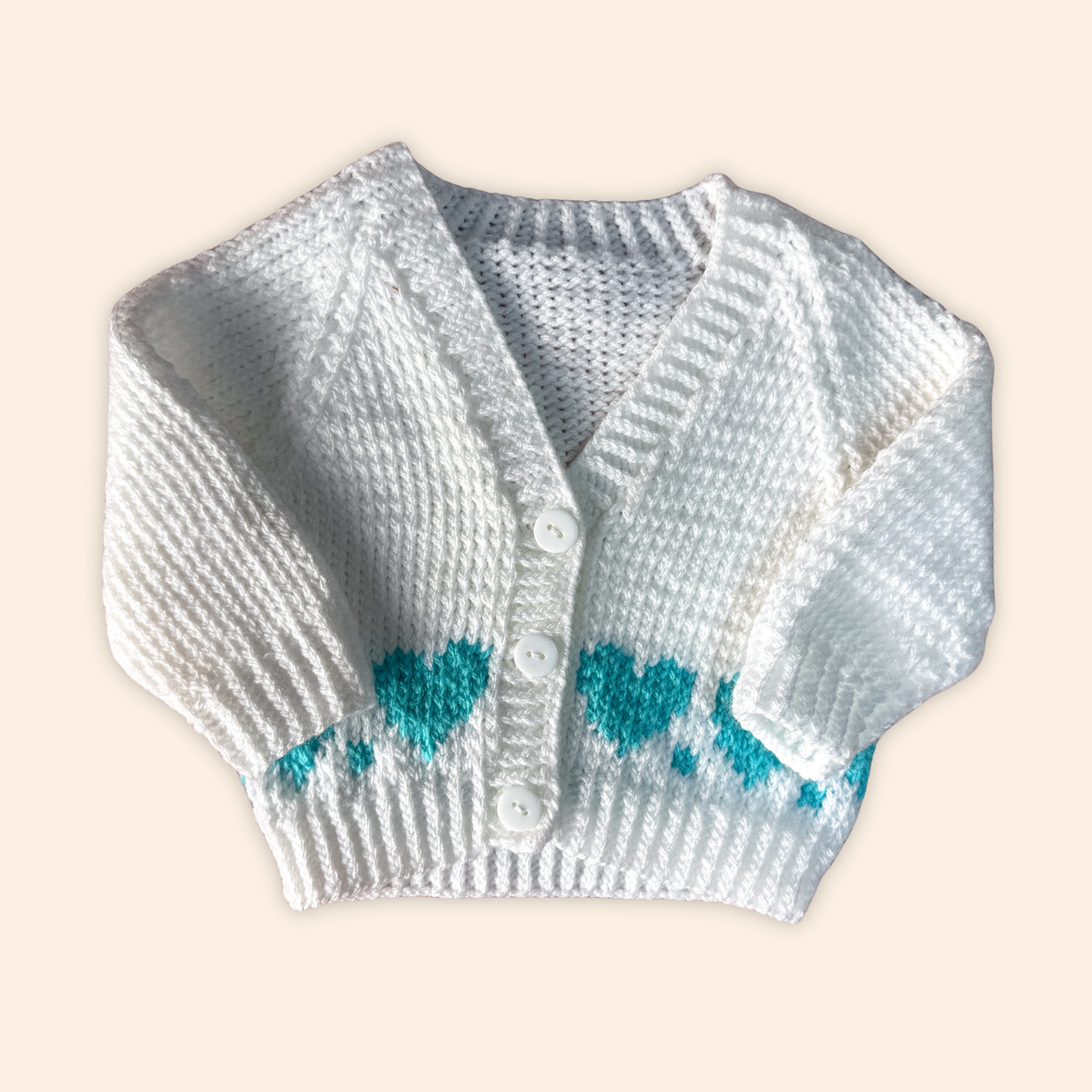 white blue hearts 3-6 months hand knit cardigan