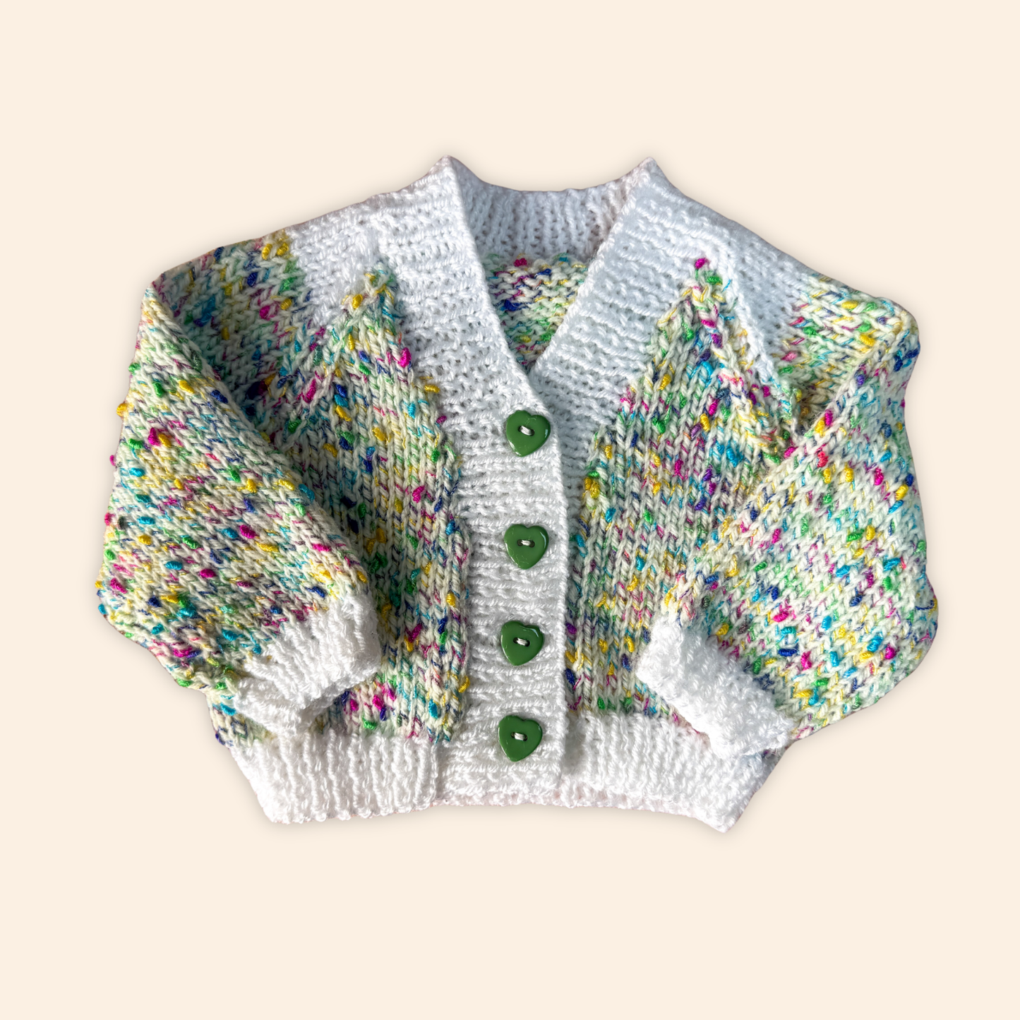 white green fleck 0-3 months hand knit cardigan