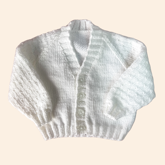 White 3-6 month hand knit cardigan