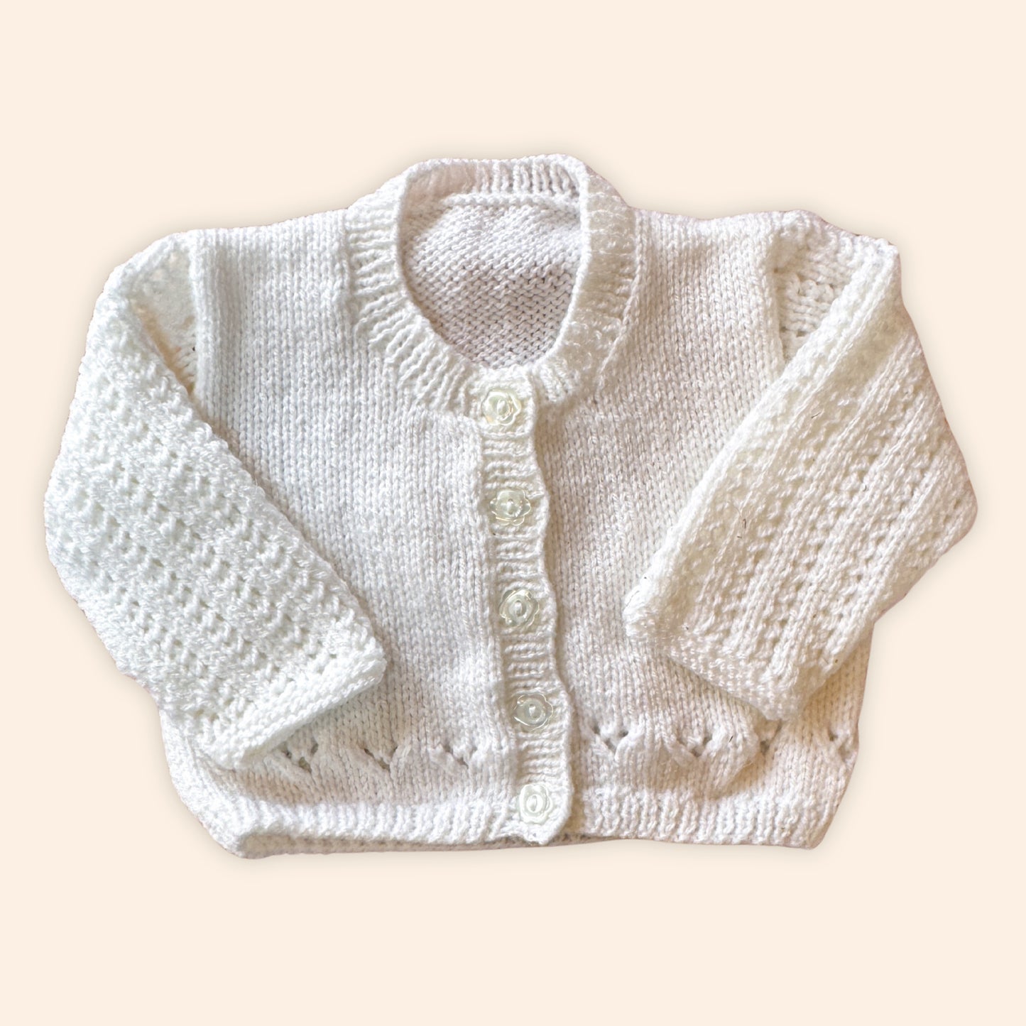 White 3-6 month hand knit cardigan