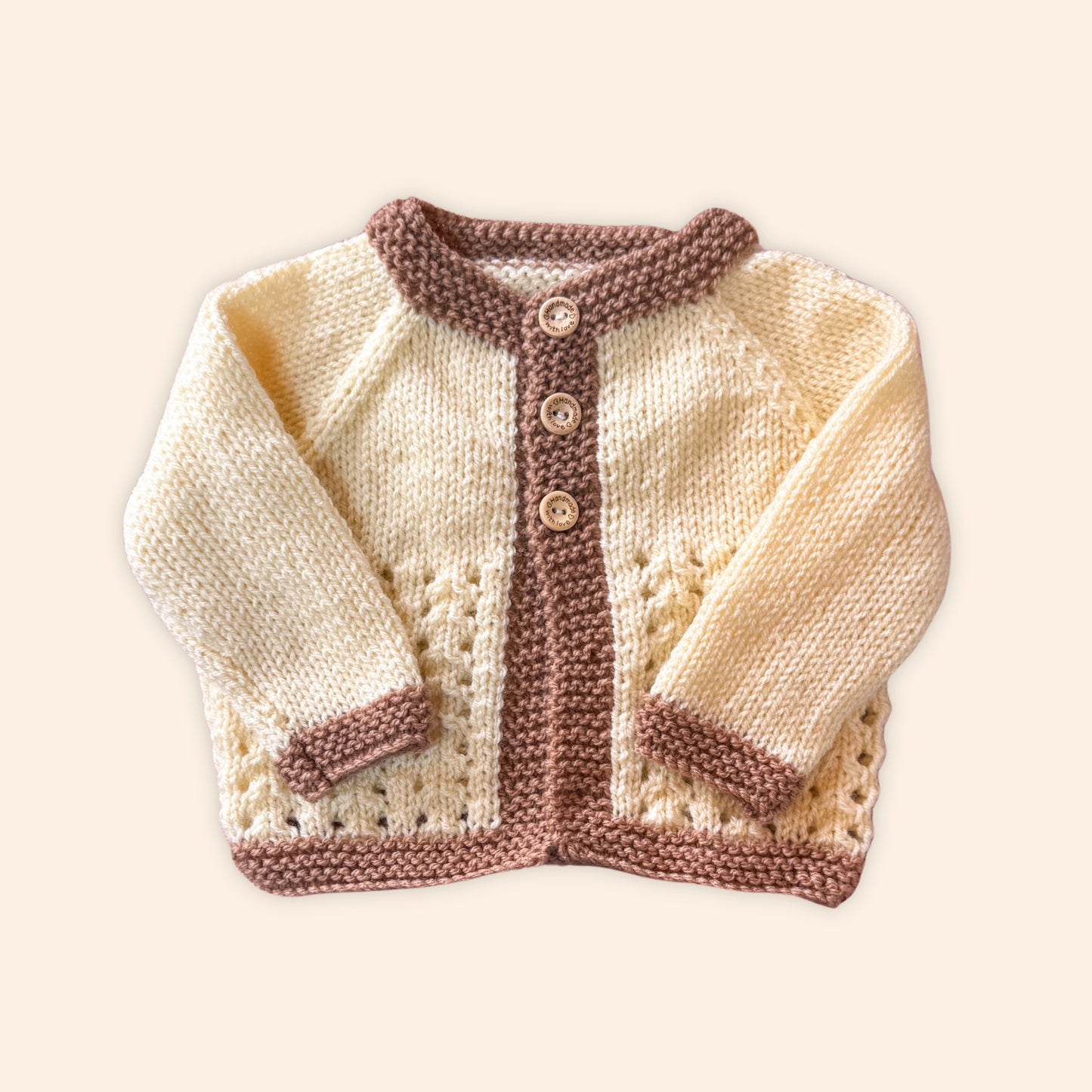 Cream brown stripe 3-6 month hand knit cardigan