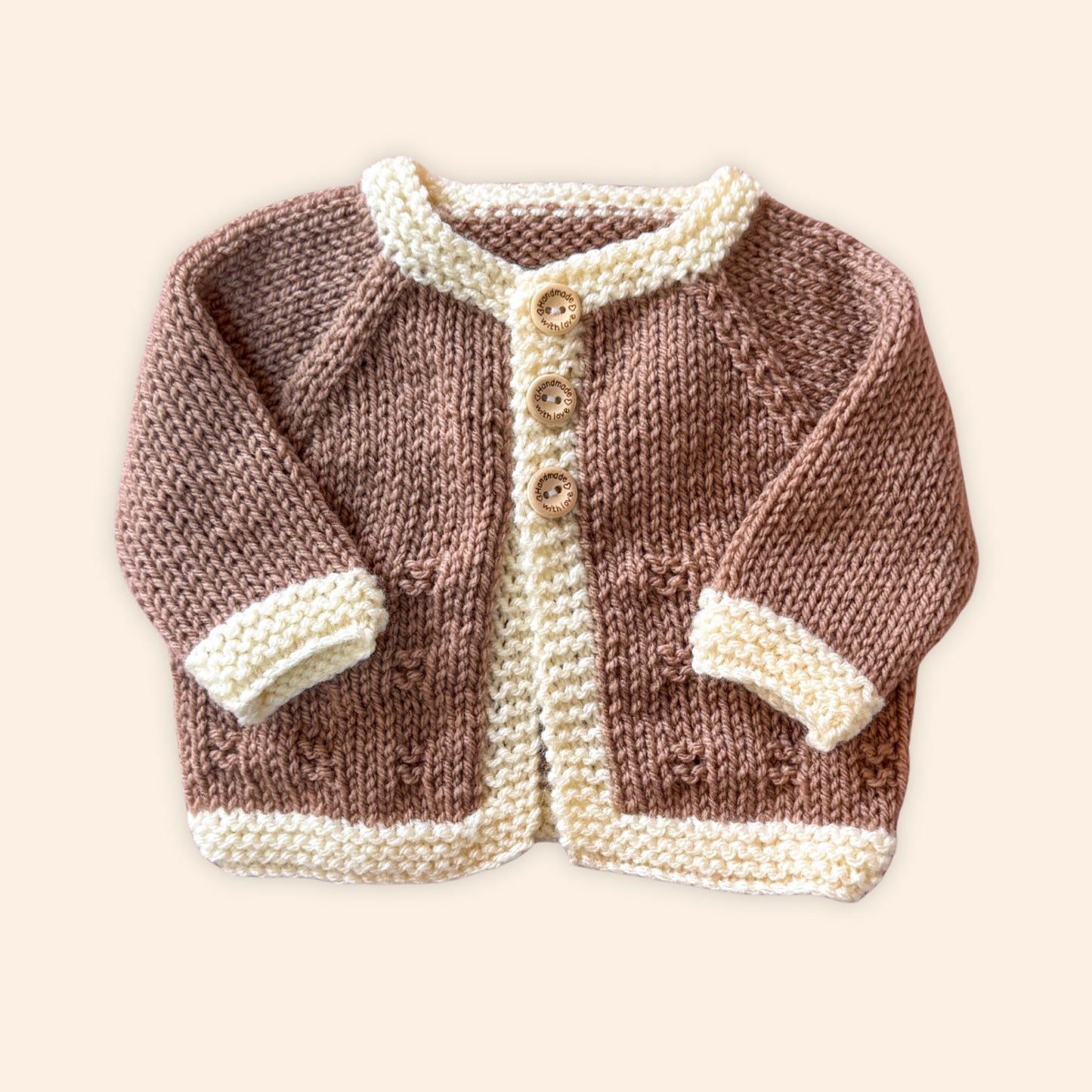 brown and cream stripe 0-3 month hand knit cardigan