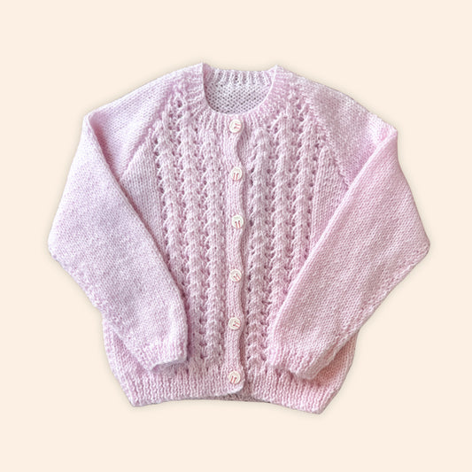 soft pink sparkle 6-12 month hand knit cardigan