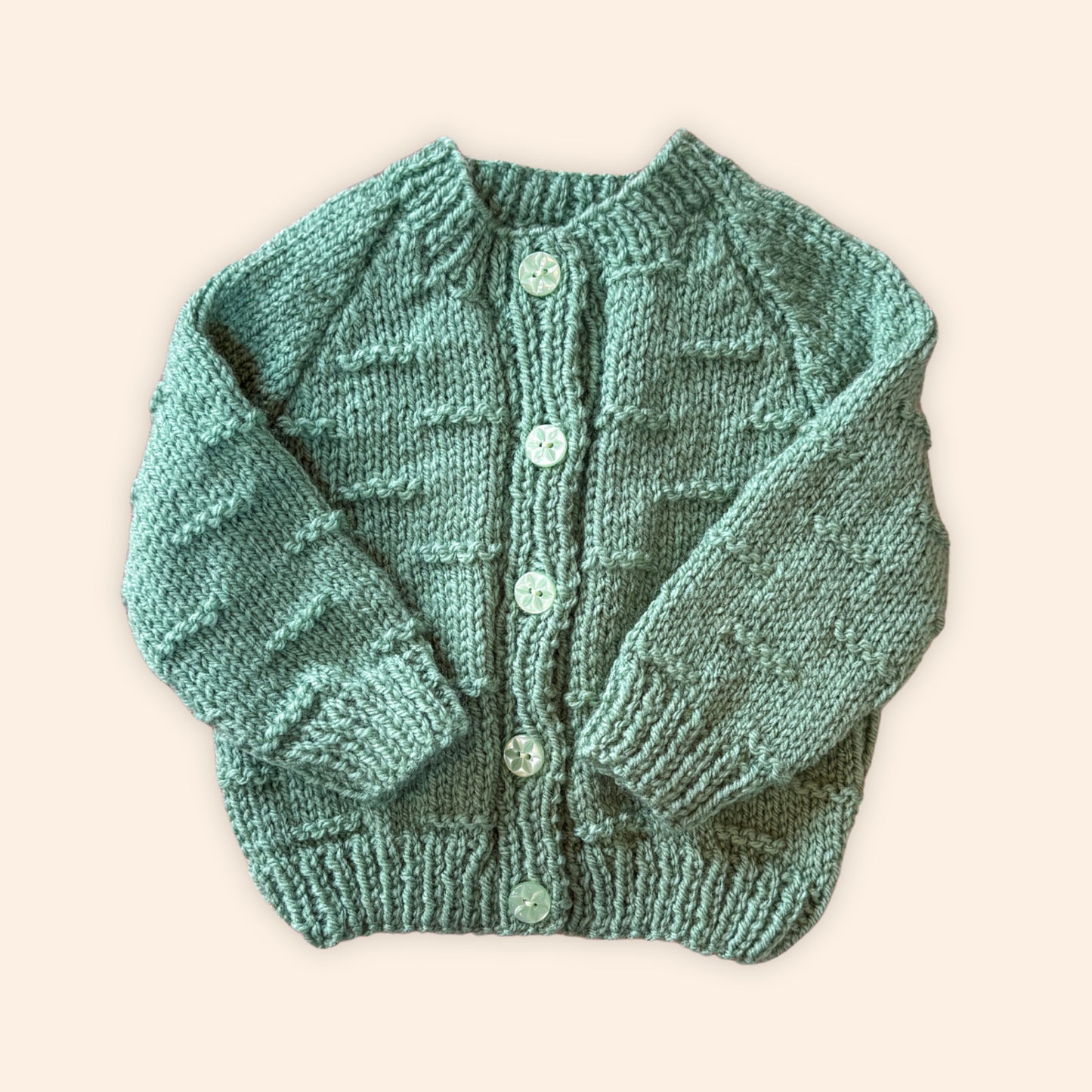 sage green 3-6 month hand knit cardigan
