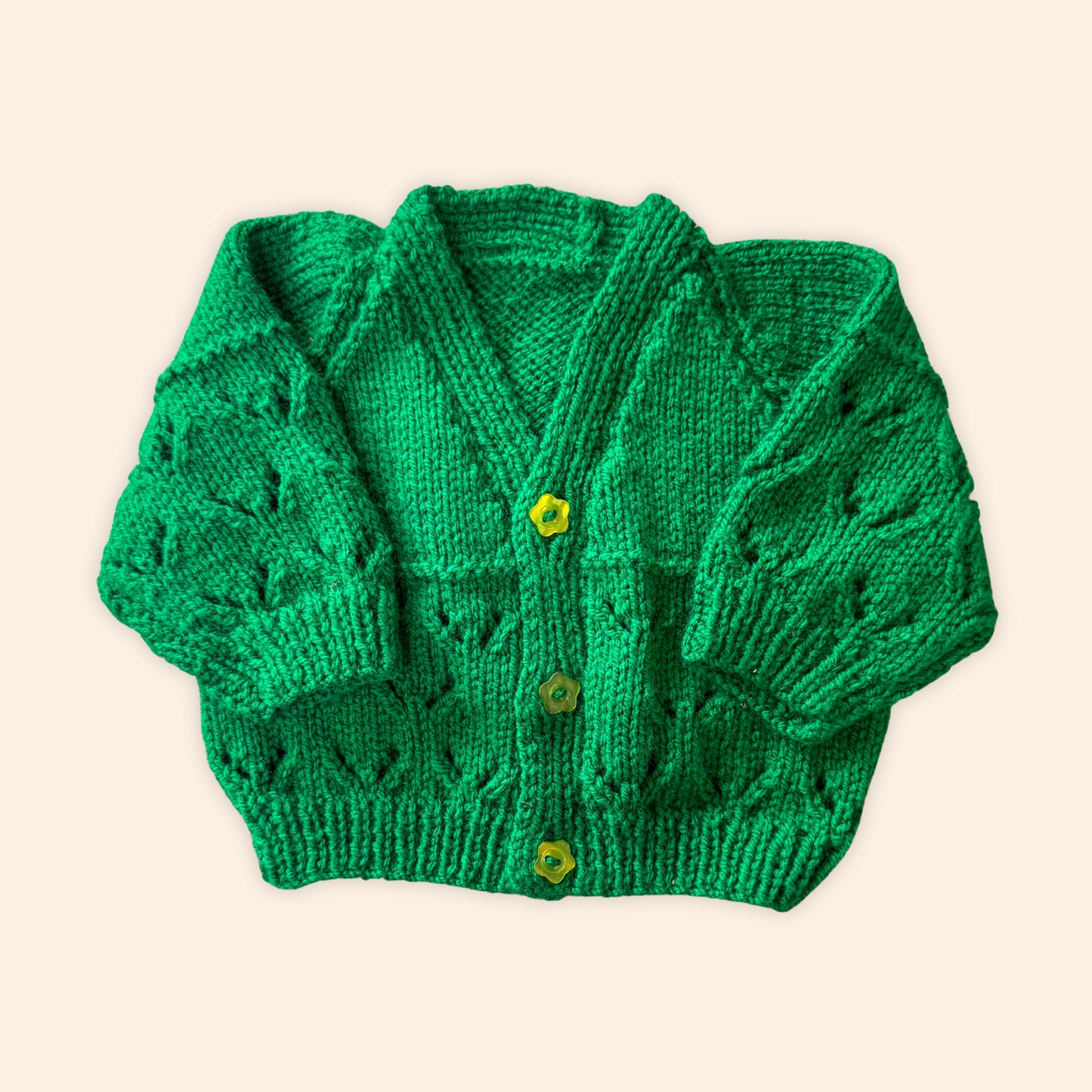 green 3-6 month hand knit cardigan