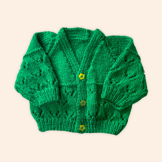 green 3-6 month hand knit cardigan