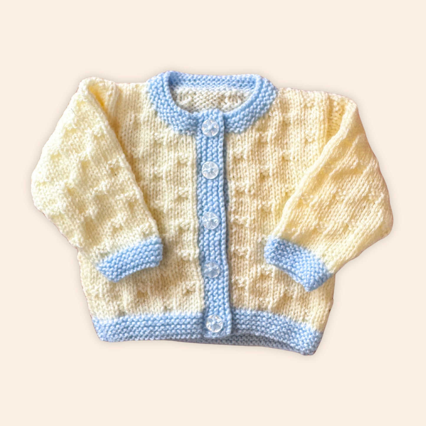 cream and blue 0-3 month hand knit cardigan