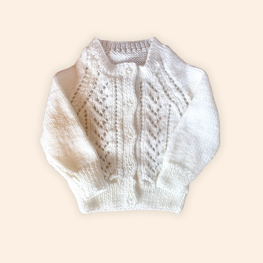white 3-6 month hand knit cardigan