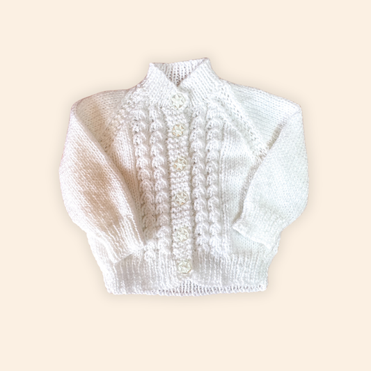 white 0-3 month hand knit cardigan