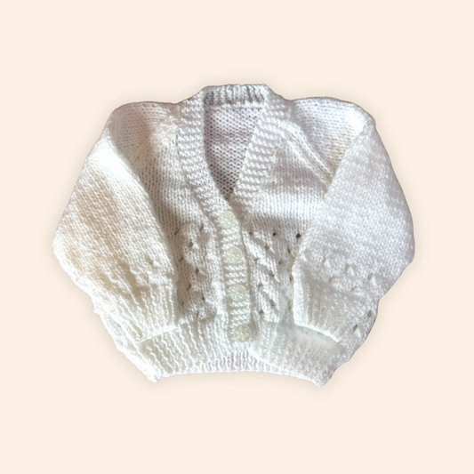 white 3-6 month hand knit cardigan