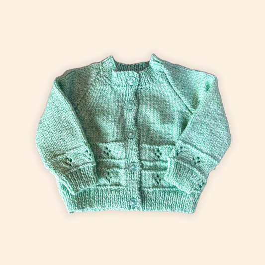 green 6-12 month hand knit cardigan