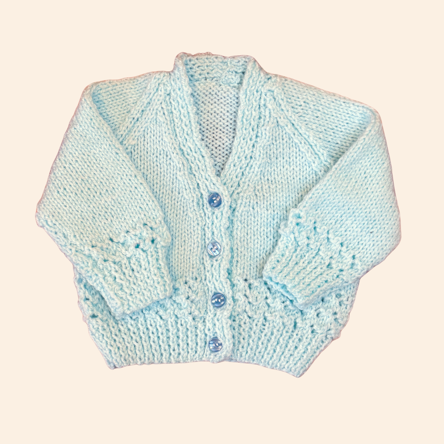 Light aqua blue 3-6 month hand knit cardigan