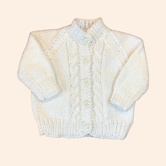 white 0-3 month hand knit cardigan