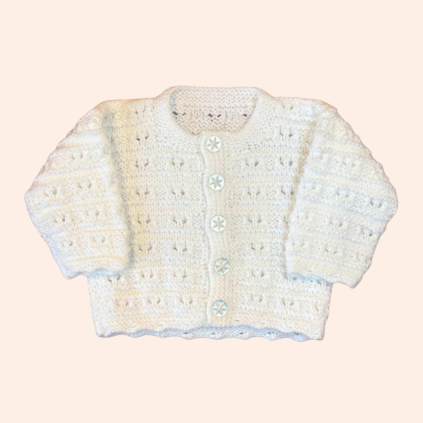 White 3-6 month hand knit cardigan
