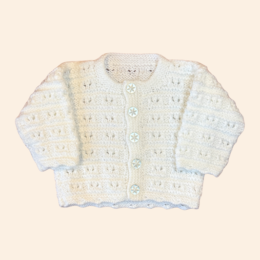 White 3-6 month hand knit cardigan