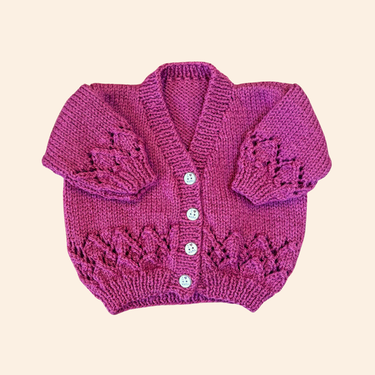 cerise pink 0-3 month hand knit cardigan