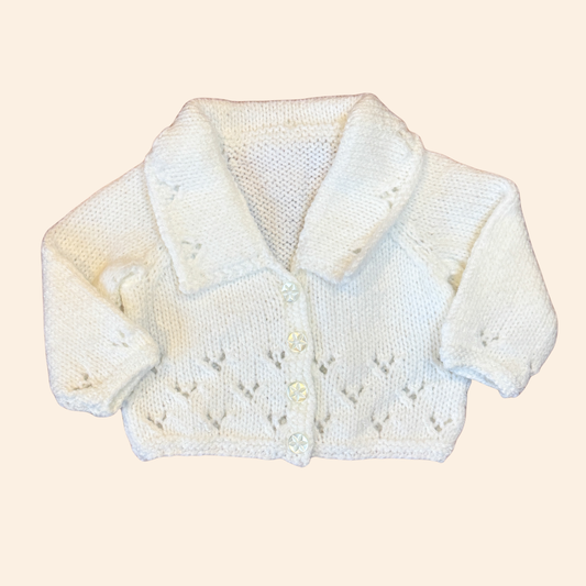White 3-6 month hand knit cardigan