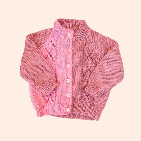 Rose pink mix 3-6 month hand knit cardigan