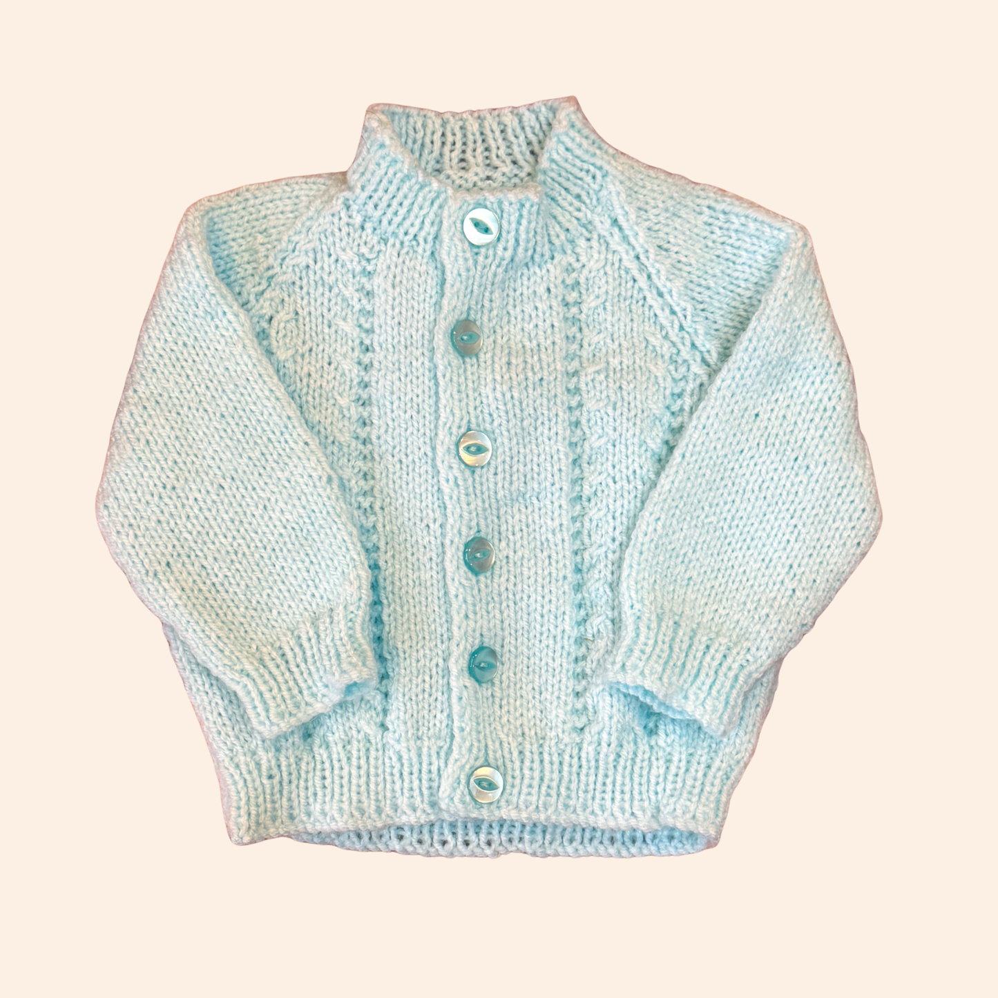 Light aqua blue 3-6 month hand knit cardigan
