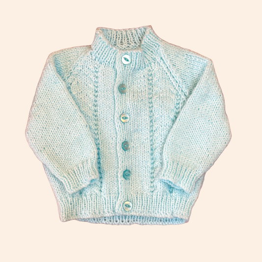 Light aqua blue 3-6 month hand knit cardigan