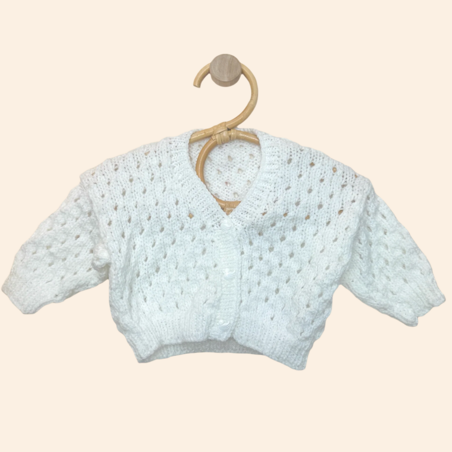 white 3-6 month hand knit cardigan