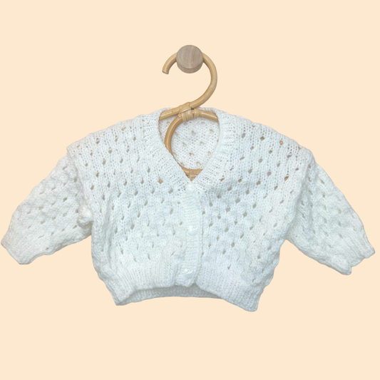 white 3-6 month hand knit cardigan