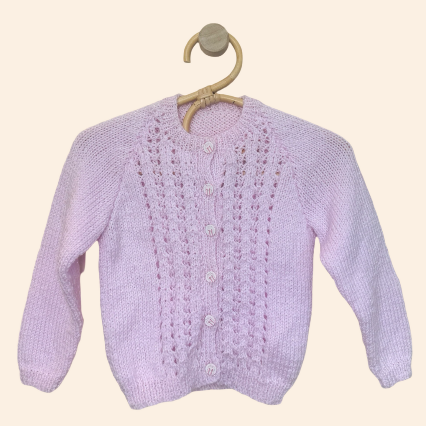 soft pink sparkle 6-12 month hand knit cardigan